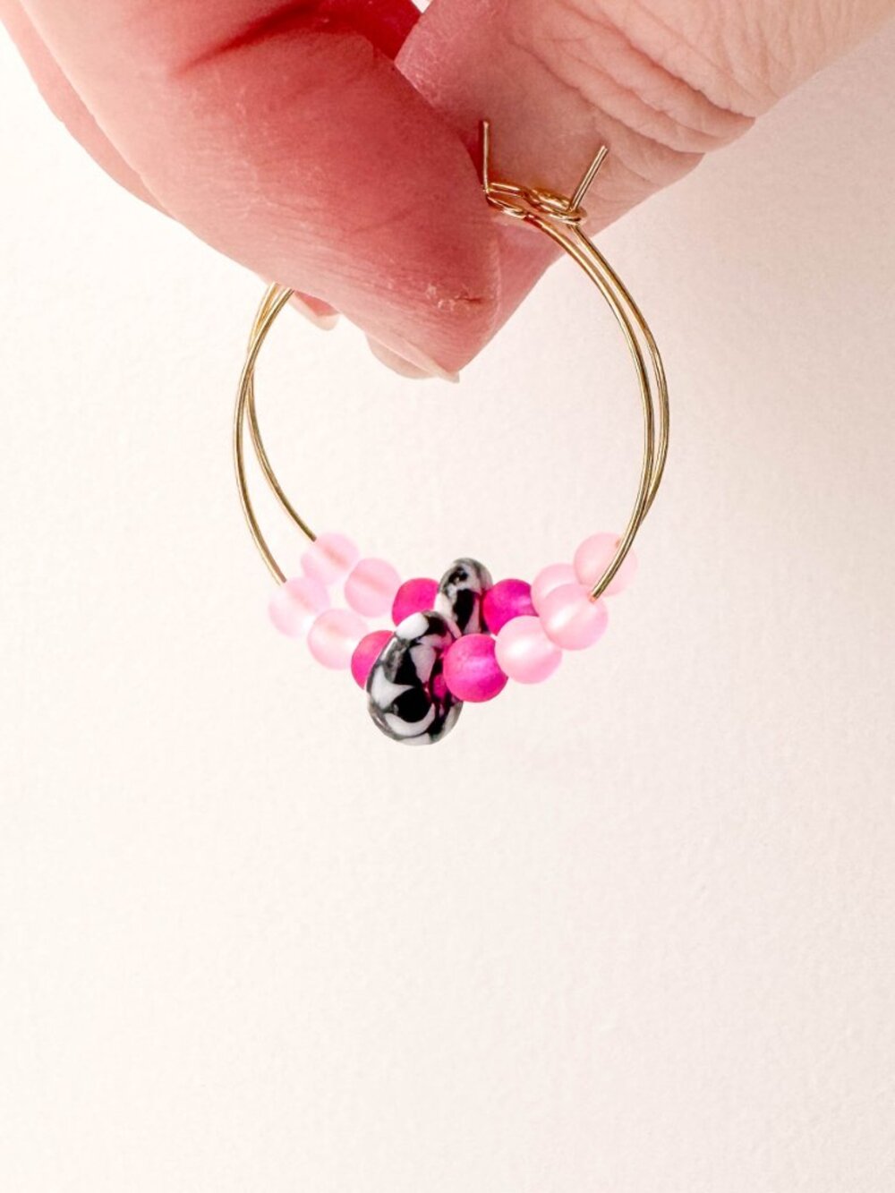 Recycled Glass Hoop Earrings Pink Black White Stainless Steel Beaded - Picture 5 of 12